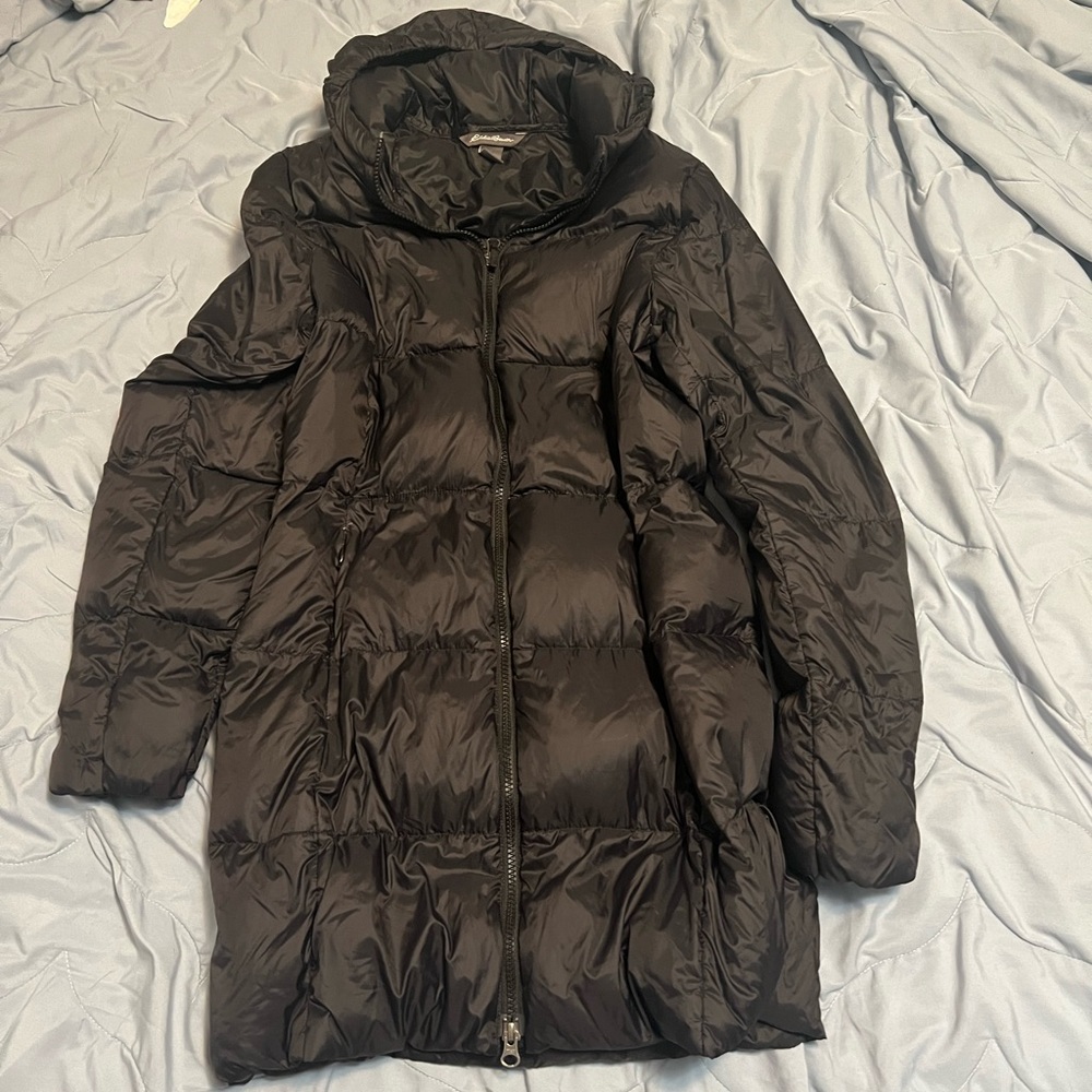 Eddie Bauer EB550 Long Down Puffer Jacket Parka Hooded Women's Small Black